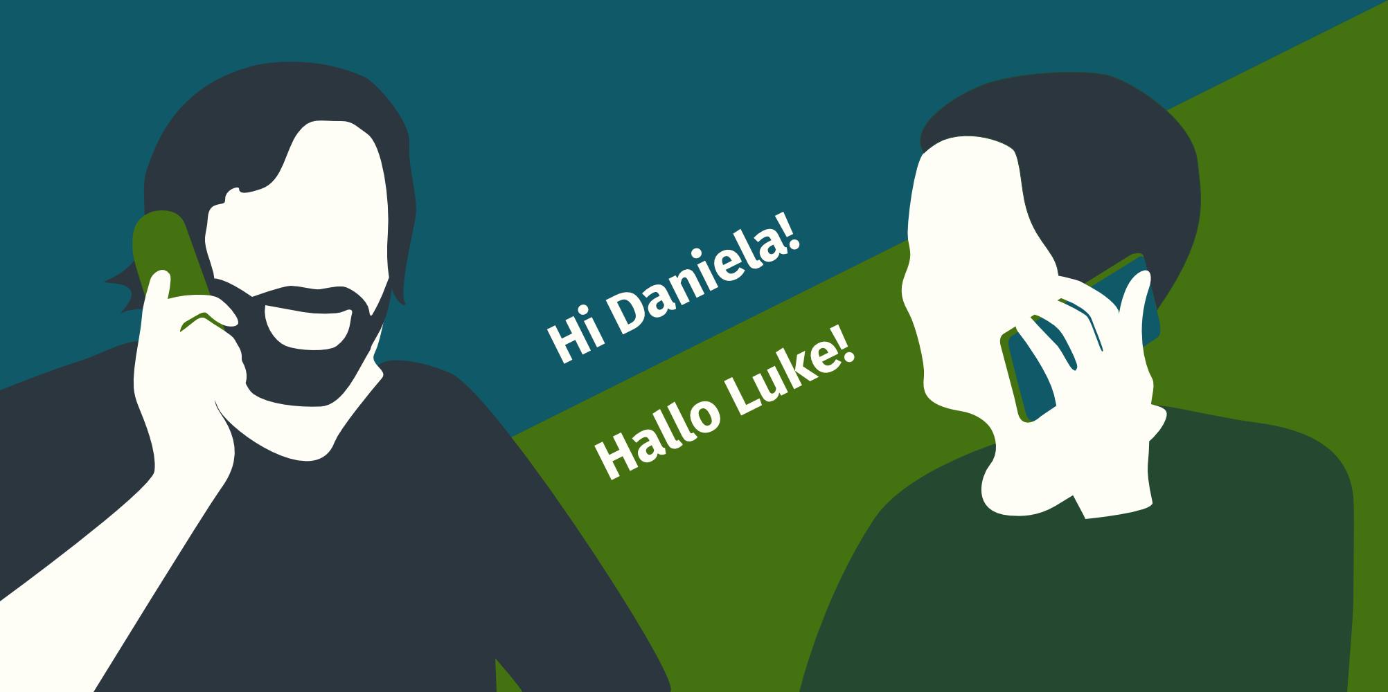 Illustration zeigt zwei telefonierende Menschen: Luke und Daniela. Möge die Macht mit ihnen sein. | DREIVIERTELNEUN Digital Design Studio